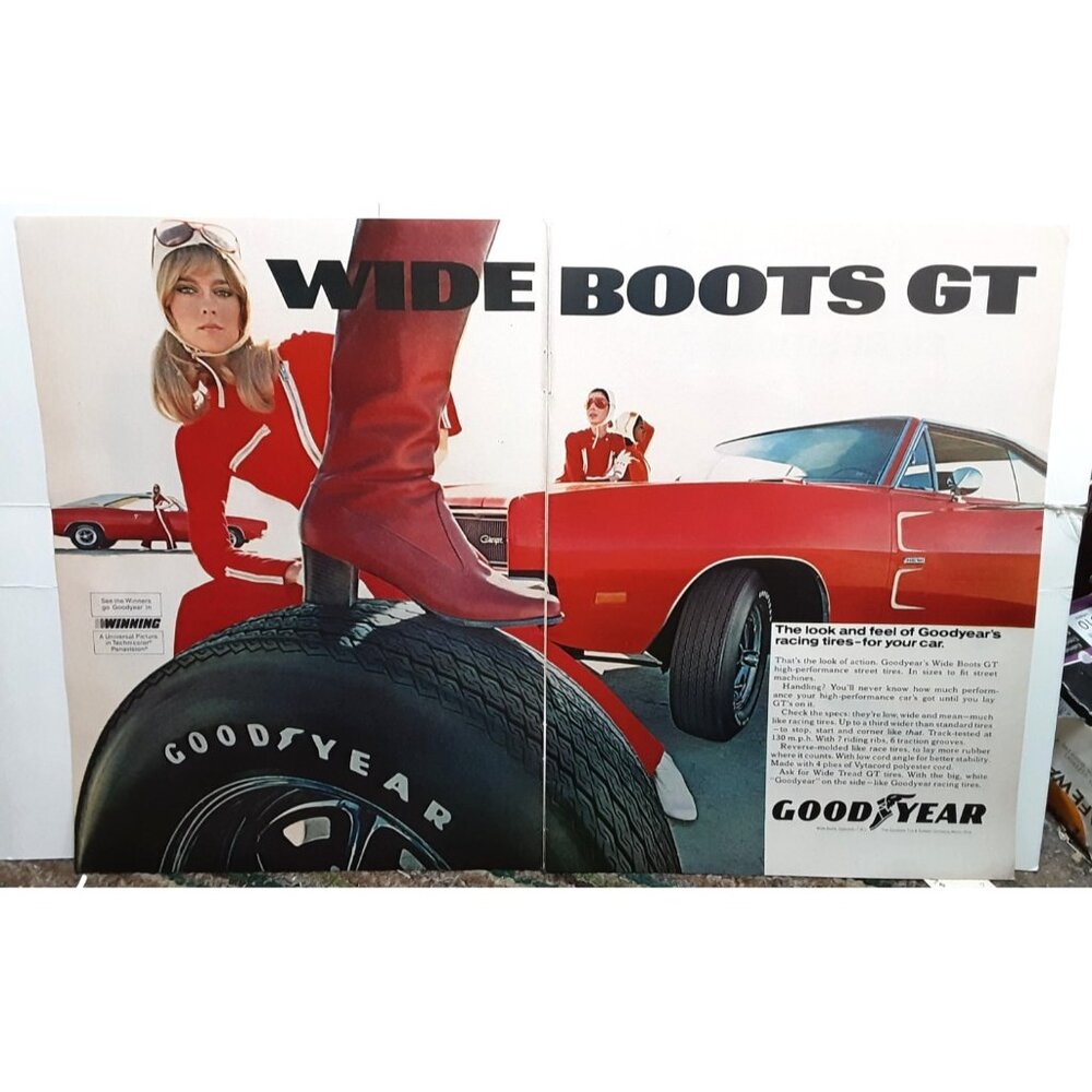 1969 Goodyear Tires Wide Boots GT Red Charger Vintage Print Ad Authentic 60s